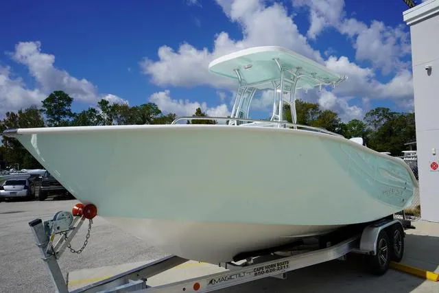 Slide: The Image of 2024 Cape Horn 22OS boat on trailer under blue sky. - 26