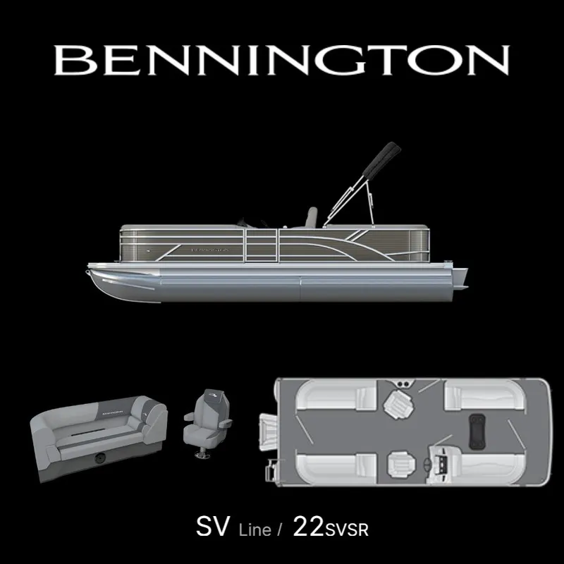 Slide: The Image of 2024 Bennington 22 SVSR pontoon boat with interior layout and seating arrangement. - 9