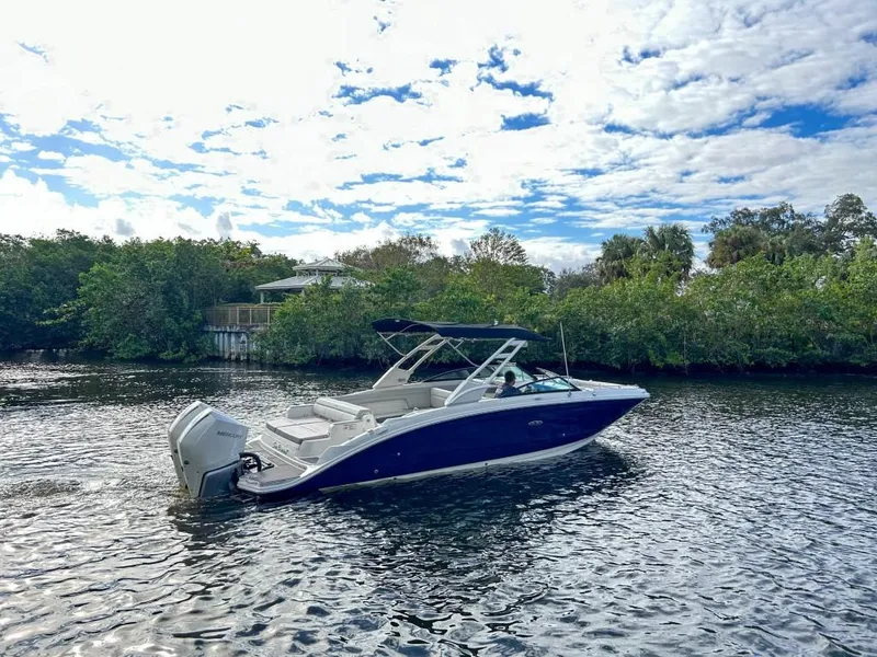 Slide: The Image of 2023 Sea Ray SDX 290 Outboard boat on a calm river. - 2