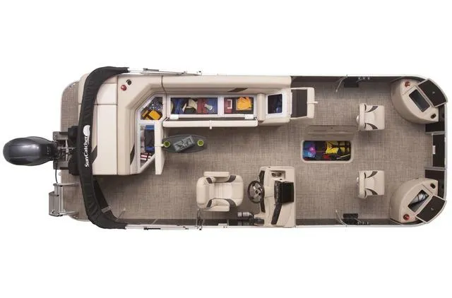 Slide: The Image of 2023 SunCatcher Select 322FC pontoon boat on a trailer, rear view. - 3