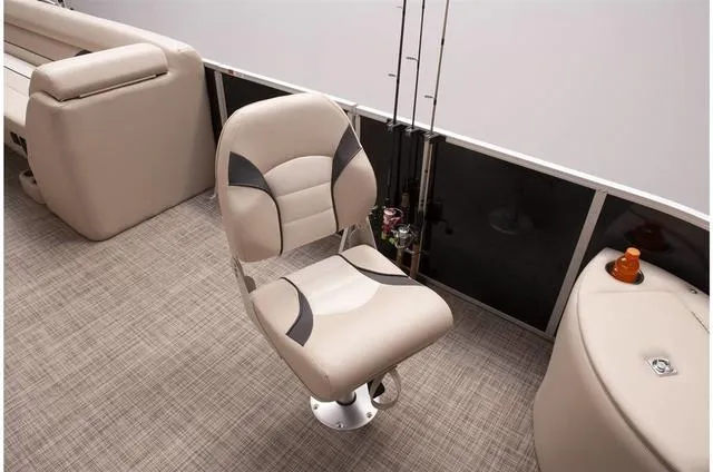 Slide: The Image of 2023 SunCatcher Select 322FC pontoon boat with Yamaha 150 outboard motor on trailer. - 4