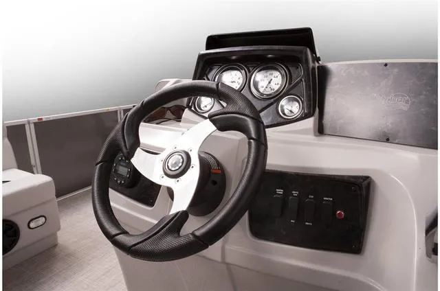 Slide: The Image of 2023 SunCatcher Select 322FC pontoon boat interior with seating and helm station. - 6