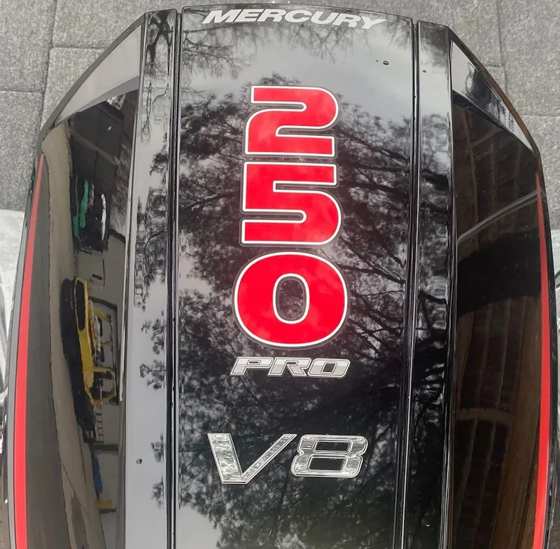 Slide: The Image of Mercury 250 Pro V8 engine on a 2024 Nitro Z21 XL Pro boat. - 2