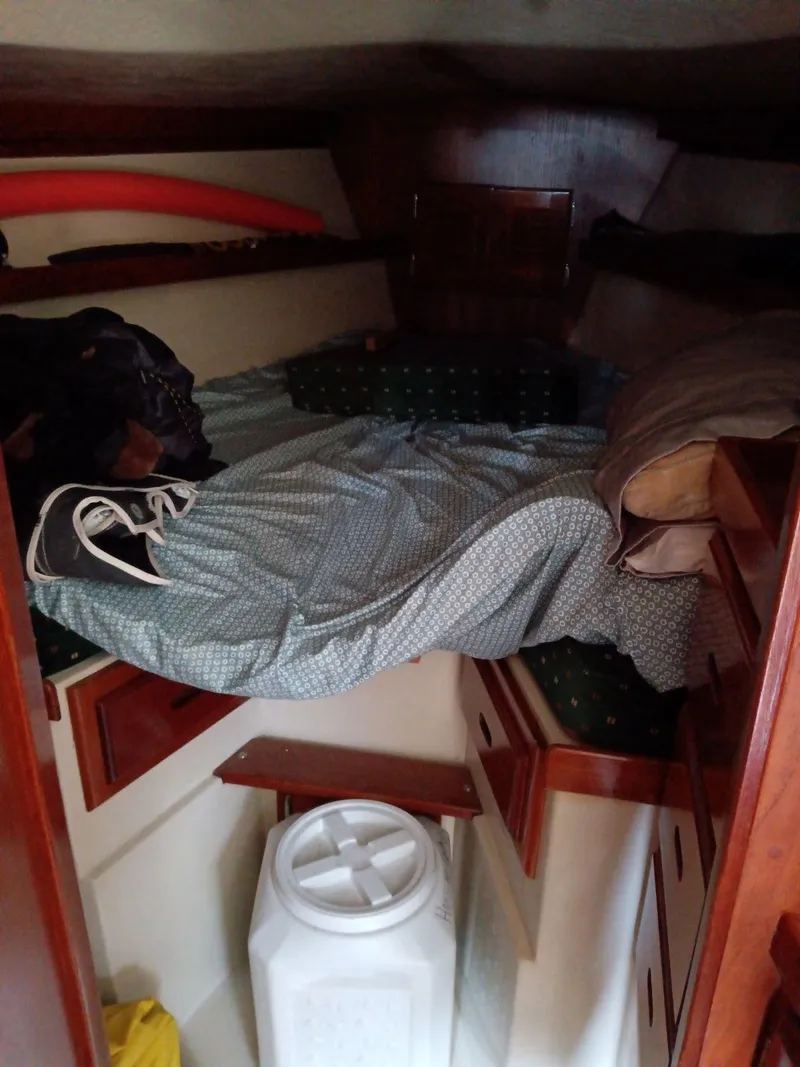 Slide: The Image of Cozy cabin interior of a 1985 Catalina 38 sailboat with bedding and storage. - 6