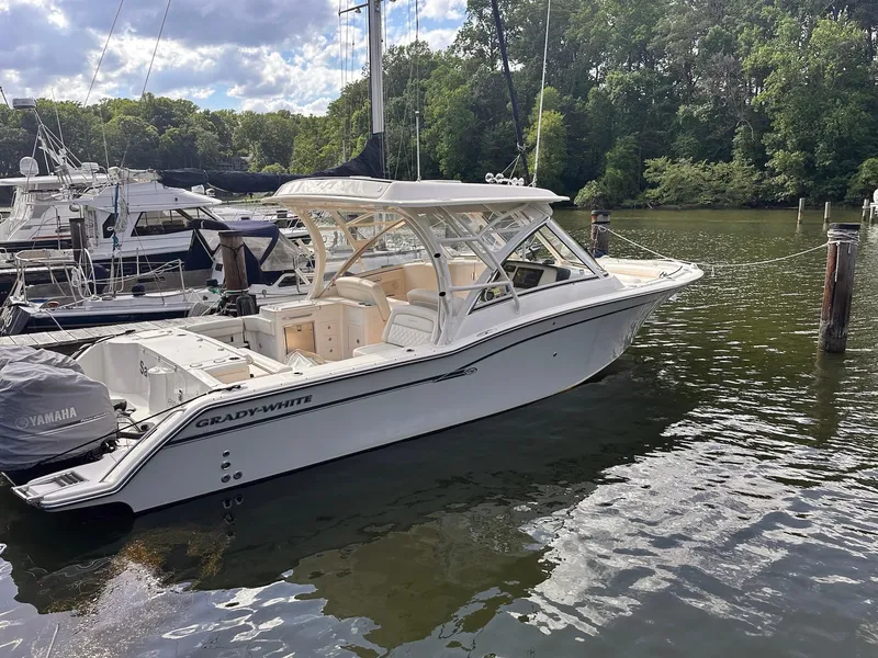 The Image of 2019 Grady-White Freedom 325 boat docked in a serene marina. - 0