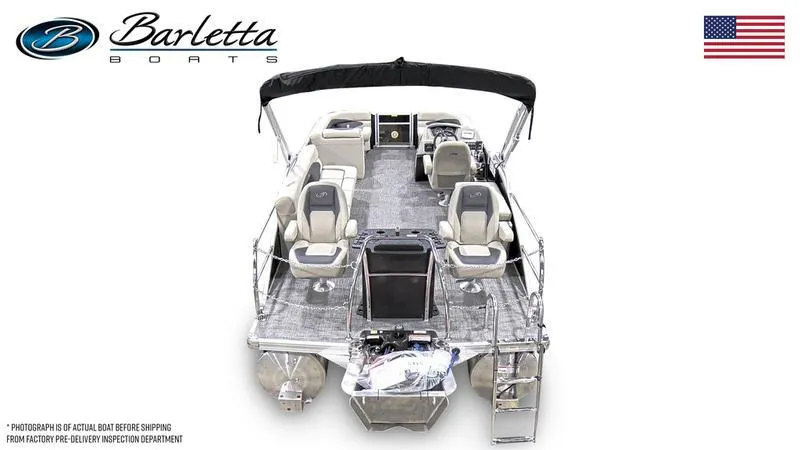Slide: The Image of 2024 Barletta Aria A22CC pontoon boat, top view, featuring spacious seating and modern design. - 24