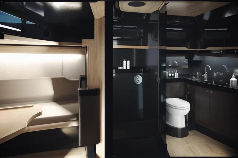 Slide: The Image of Luxurious interior of 2024 Windy SRL/SR60 yacht featuring seating area and modern bathroom. - 9