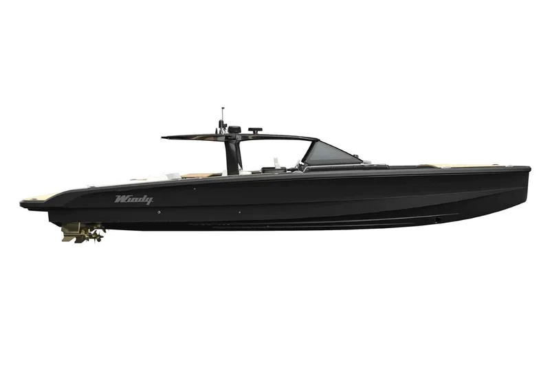 Slide: The Image of 2024 Windy SRL/SR60 luxury motor yacht, sleek black design, side view. - 3