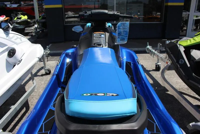 Slide: The Image of 2023 Yamaha WaveRunner EX Limited in blue, displayed on a trailer. - 4