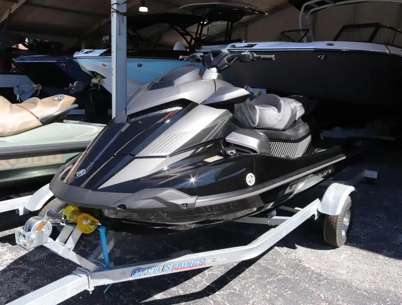 Slide: The Image of 2023 Yamaha WaveRunner GP1800R HO on trailer in storage facility. - 0