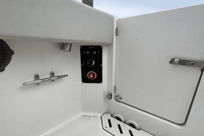 Slide: The Image of Boston Whaler 240 Vantage 2022 boat interior, featuring a 12V DC control panel and stainless steel cleat. - 18