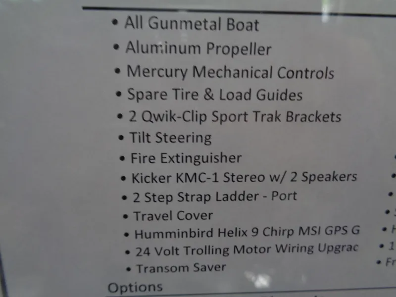Slide: The Image of 2024 Lund 1650 Angler Sport features list including stereo, GPS, and safety equipment. - 8
