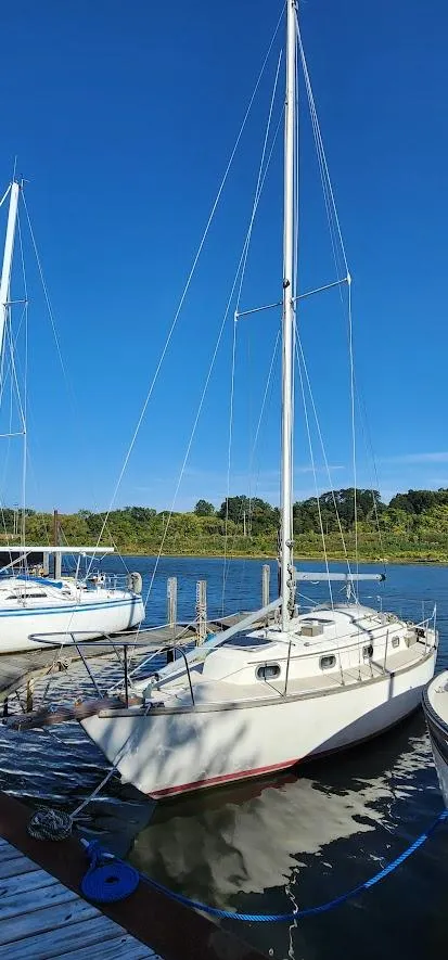 Slide: The Image of 1980 Cape Dory 30 sailboat docked on a sunny day with clear blue skies. - 2