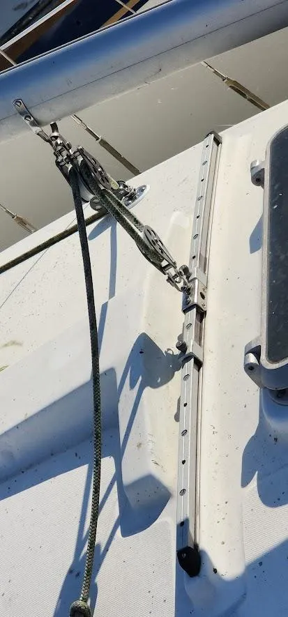 Slide: The Image of Close-up of 1980 Cape Dory 30 sailboat deck hardware and rigging. - 31