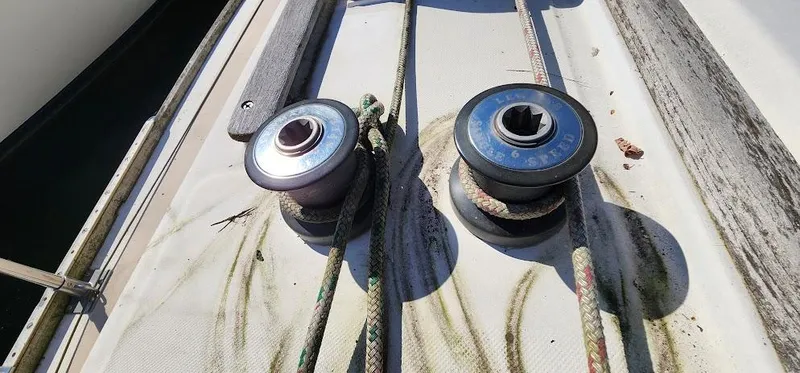 Slide: The Image of Winches and ropes on a 1980 Cape Dory 30 sailboat deck. - 35