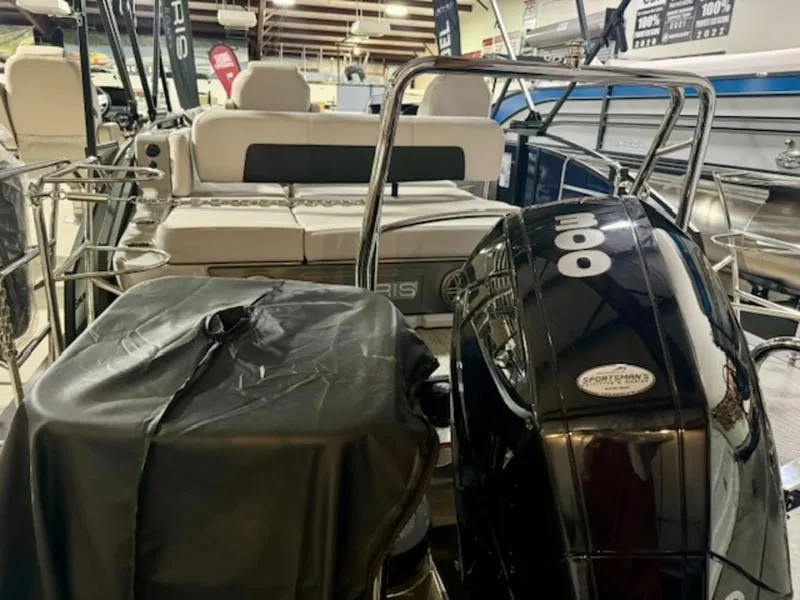Slide: The Image of 2024 Harris Solstice 230 SLDH pontoon boat with powerful outboard motor. - 9