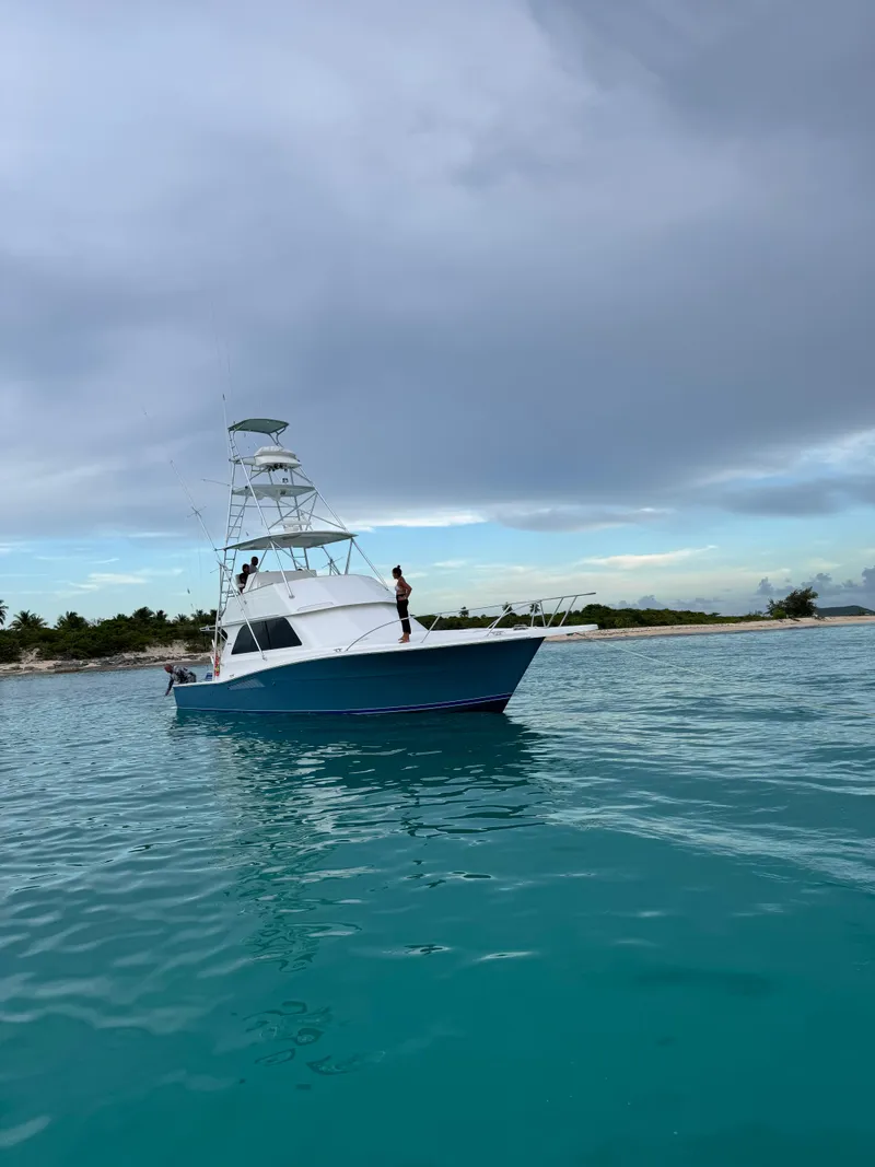 Slide: The Image of 1997 Viking 43 Convertible yacht anchored near tropical shoreline under cloudy sky. - 11