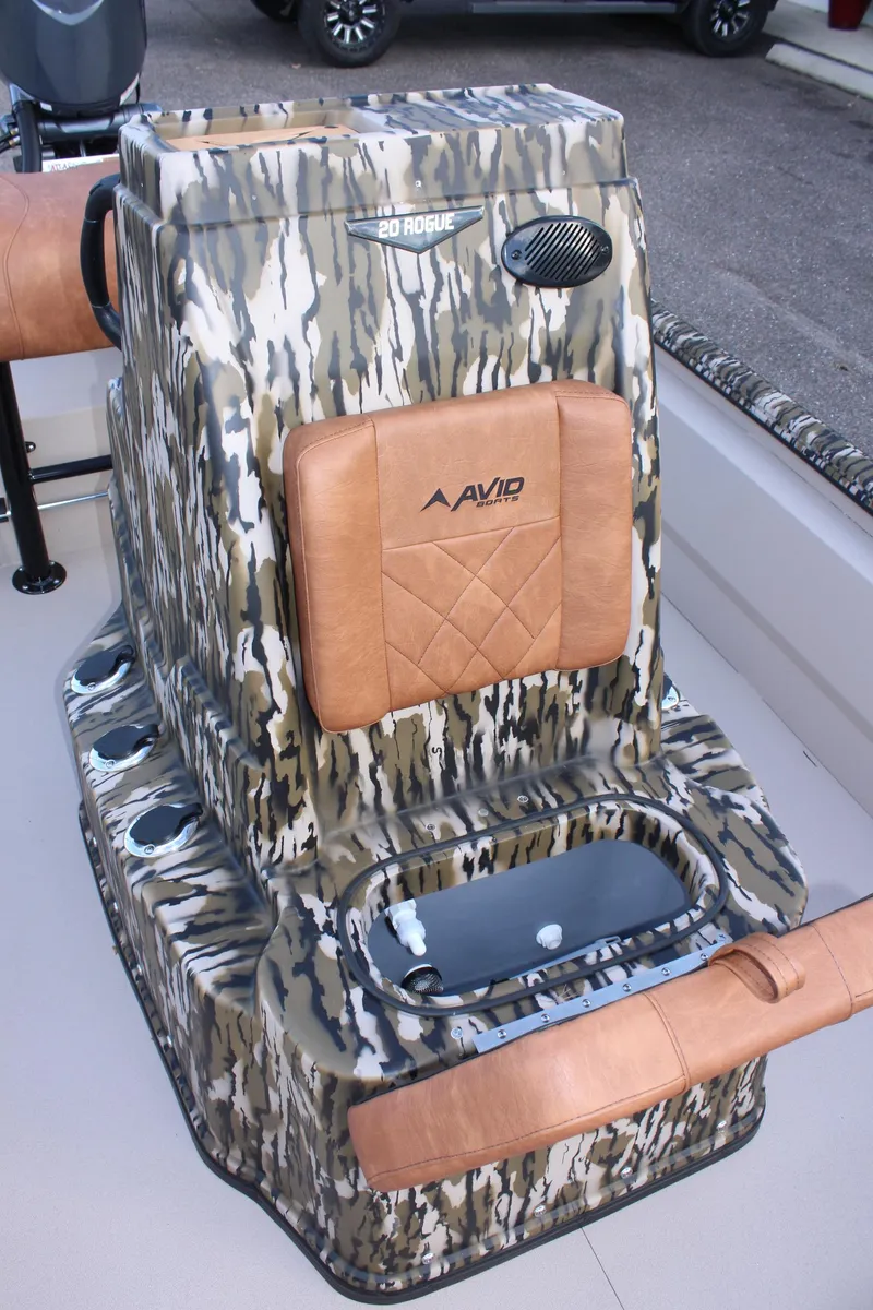 Slide: The Image of 2024 Avid 20 Rogue boat console with camouflage design and tan leather accents. - 29