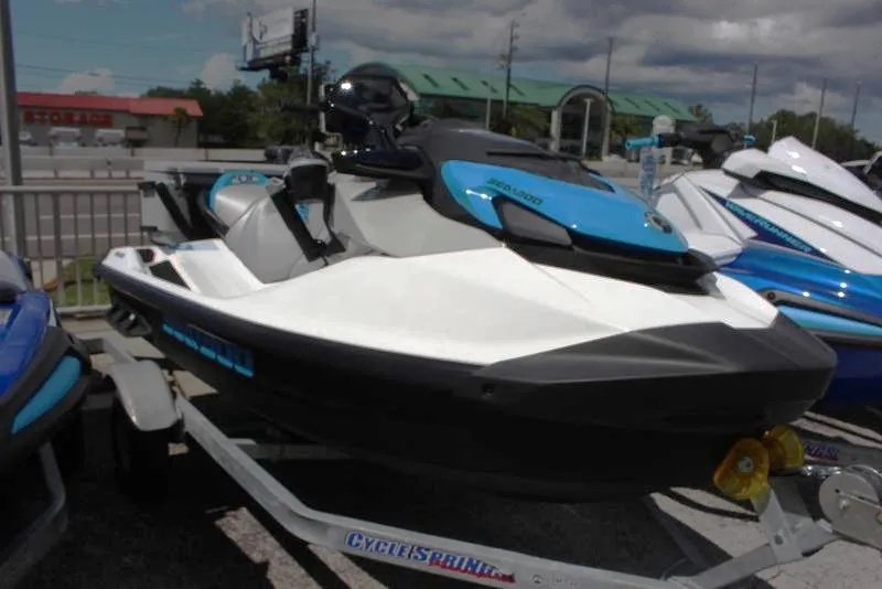 Slide: The Image of 2023 Sea-Doo Fish Pro Scout on trailer, ready for fishing adventures. - 0