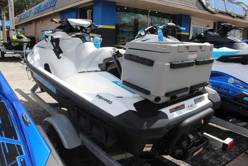 Slide: The Image of 2023 Sea-Doo Fish Pro Scout on trailer, ready for fishing adventures. - 2