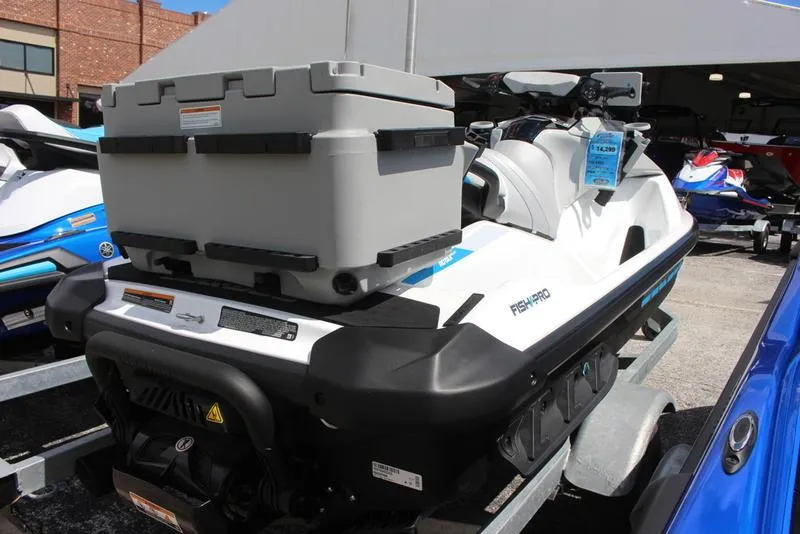 Slide: The Image of 2023 Sea-Doo Fish Pro Scout jet ski with storage box on trailer. - 3