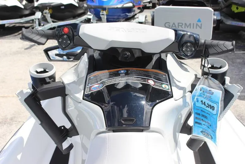 Slide: The Image of 2023 Sea-Doo Fish Pro Scout dashboard with Garmin GPS and price tag. - 5