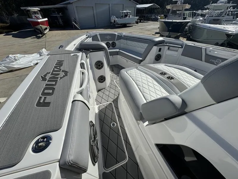 Slide: The Image of 2024 Fountain 38 SCX boat interior with luxurious seating and modern design. - 16