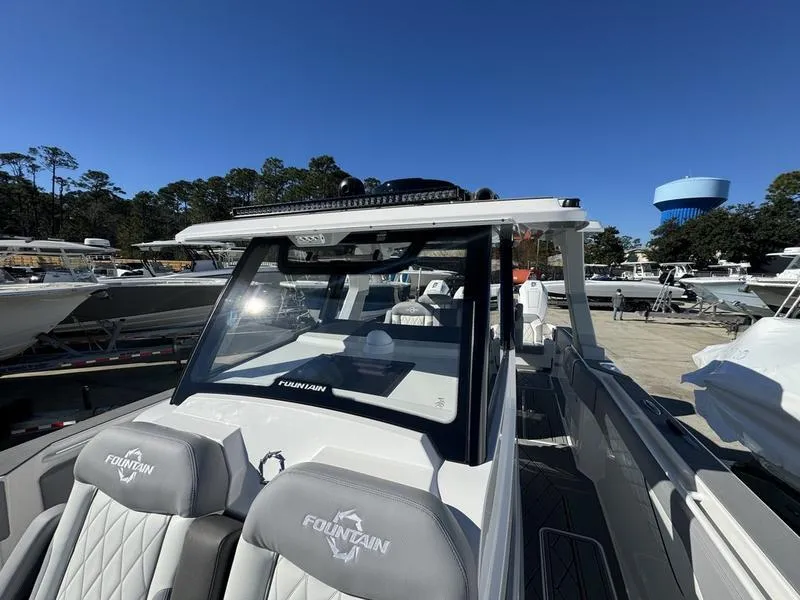 Slide: The Image of 2024 Fountain 38 SCX boat with sleek design and luxurious seating. - 19