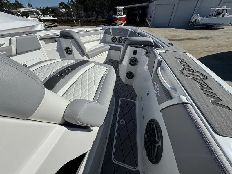 Slide: The Image of 2024 Fountain 38 SCX boat interior with luxurious seating and modern design. - 26