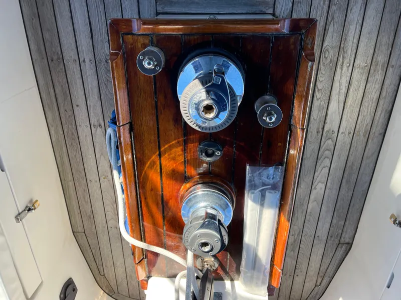 Slide: The Image of Gozzard 36 sailboat deck with winches and wooden panel, 1990 model. - 20