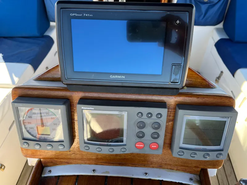 Slide: The Image of Navigation instruments on a 1990 Gozzard 36 sailboat, featuring Garmin GPS and Raymarine displays. - 24