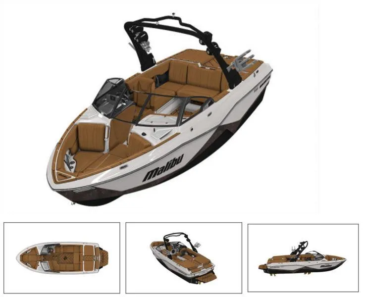 Slide: The Image of 2024 Malibu 22 LSV boat with brown interior and black accents. - 2