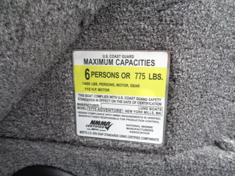 Slide: The Image of Capacity label for 2024 Lund 1775 Adventure SS: 6 persons or 775 lbs. - 28