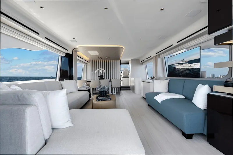 Slide: The Image of Luxurious interior of the 2024 Azimut Fly 78 yacht with modern furnishings and ocean view. - 34