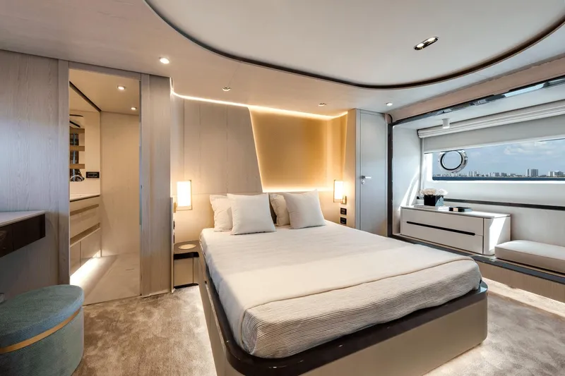 Slide: The Image of Luxurious bedroom interior of 2024 Azimut Fly 78 yacht with modern design and city view. - 33