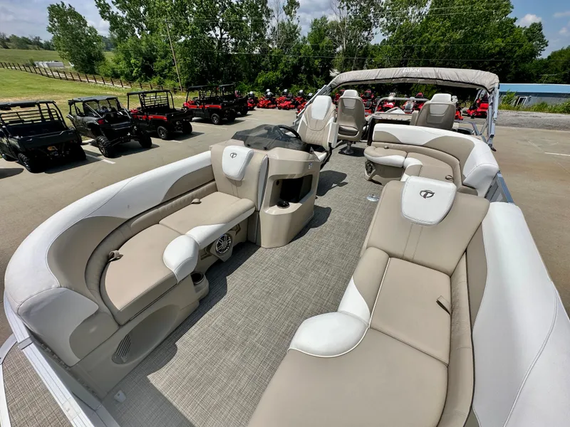 Slide: The Image of 2023 Tahoe Pontoon LTZ Rear Fish boat with spacious seating and modern design. - 9