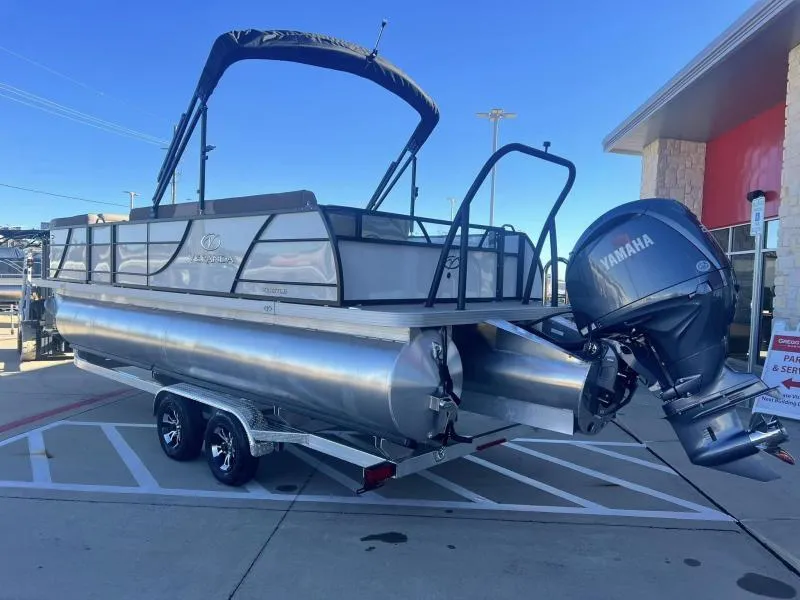 Slide: The Image of 2024 Veranda VR22VLB pontoon boat with Yamaha outboard motor on trailer. - 3