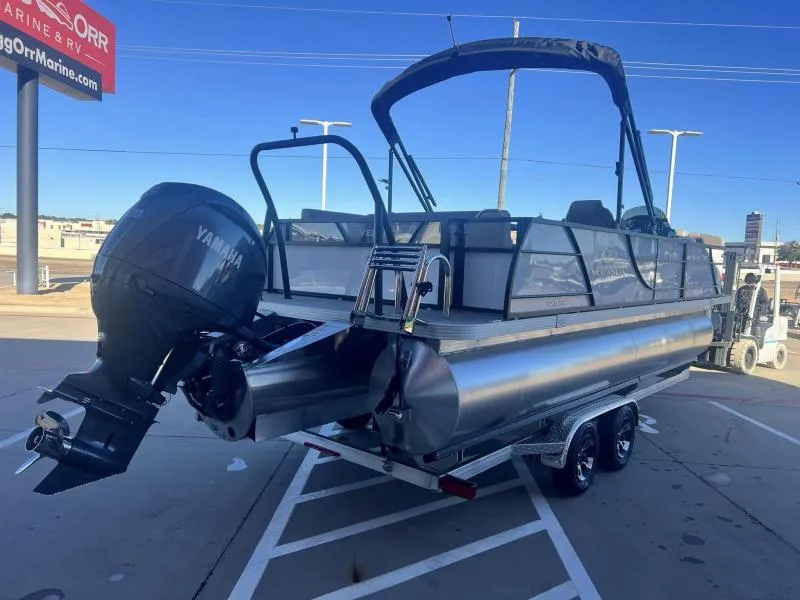 Slide: The Image of 2024 Veranda VR22VLB pontoon boat with Yamaha outboard motor on trailer. - 4