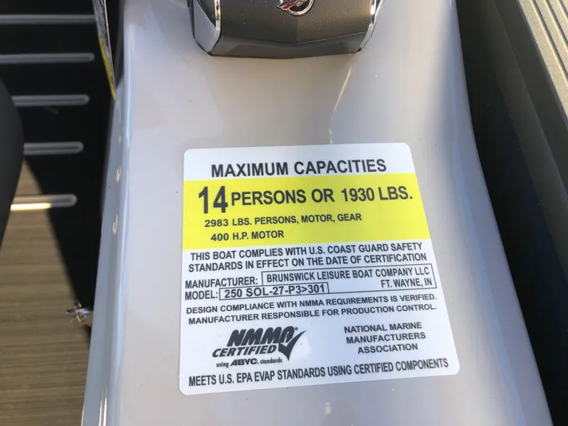 Slide: The Image of Capacity label on 2023 Harris Solstice 250 boat, 14 persons or 1930 lbs. - 28
