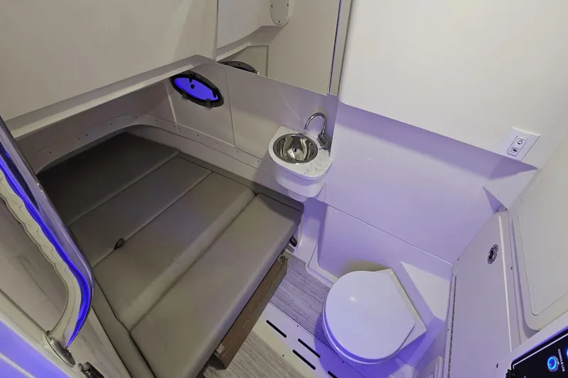 Slide: The Image of 2024 Scout 305 LXF boat interior with compact bathroom and seating area. - 29