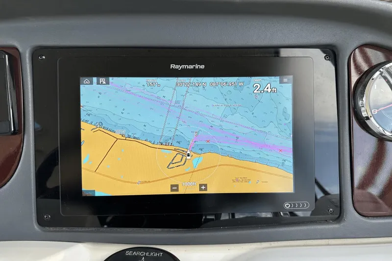 Slide: The Image of Raymarine navigation display on 2015 Meridian 441 Sedan, showing nautical chart and depth of 2.4 feet. - 20