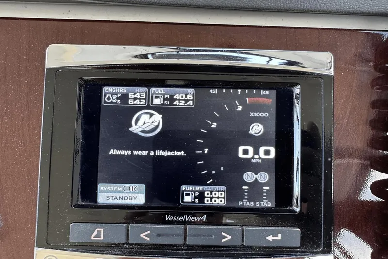 Slide: The Image of Meridian 441 Sedan 2015 dashboard display with safety message and engine data. - 26