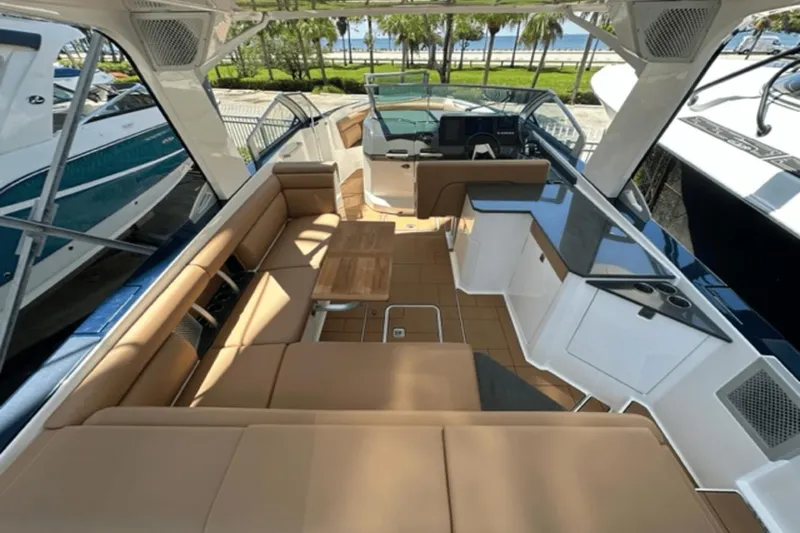 Slide: The Image of Luxurious 2022 Aviara AV32 Outboard boat interior with spacious seating and modern amenities. - 24