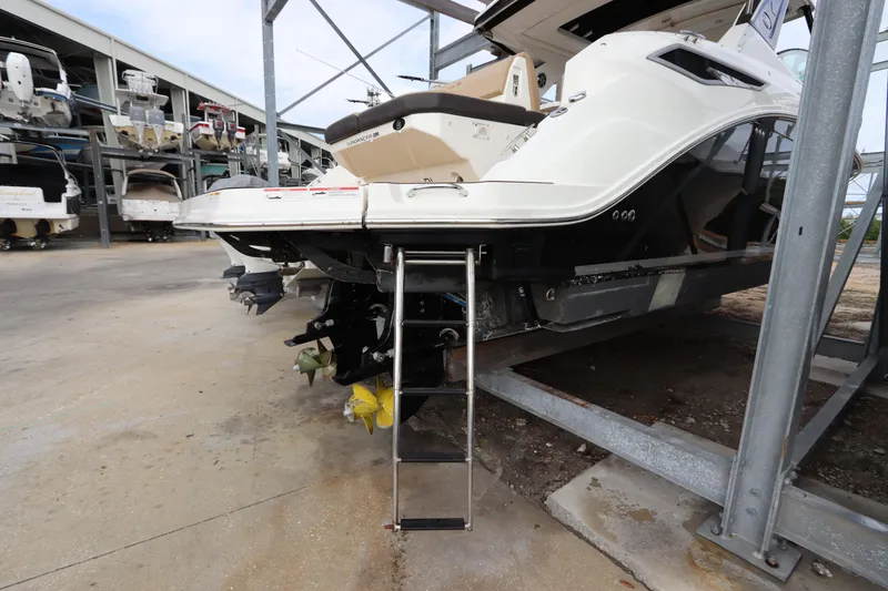 Slide: The Image of 2019 Sea Ray Sundancer 320 in storage, featuring a rear view with a ladder. - 5