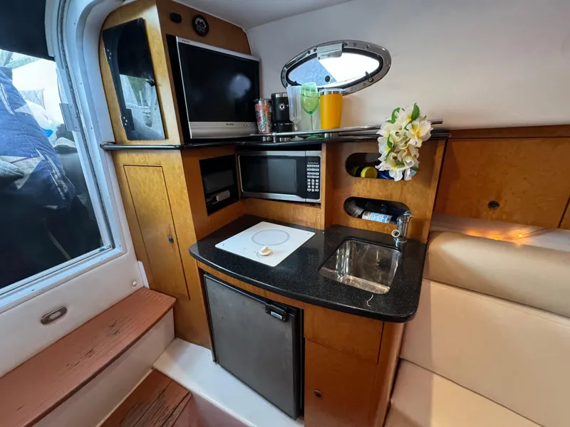 Slide: The Image of 2008 Donzi 38 ZSF boat interior with kitchenette, microwave, sink, and TV. - 30