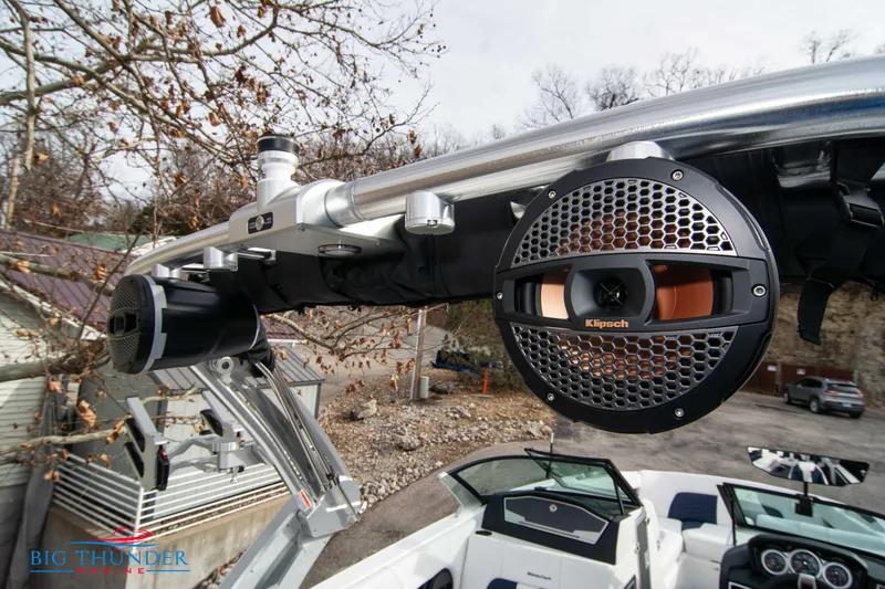 Slide: The Image of 2024 MasterCraft X22 boat with Klipsch speakers and wakeboard tower. - 43