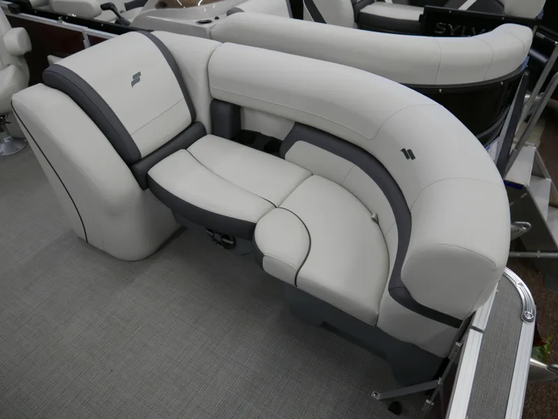 Slide: The Image of 2024 Starcraft EX 22 R boat seating with gray and white upholstery. - 8