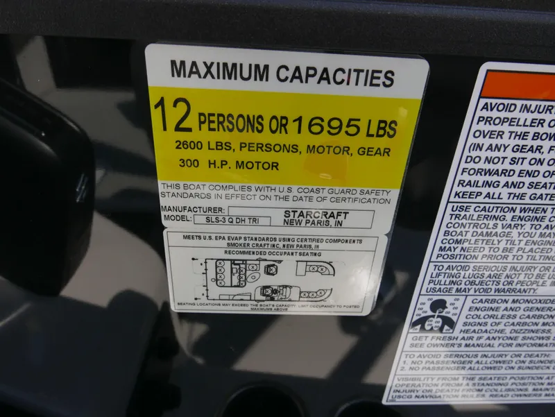 Slide: The Image of 2024 Starcraft SLS 3 Q DH capacity label: 12 persons, 1695 lbs, 300 HP motor. - 15