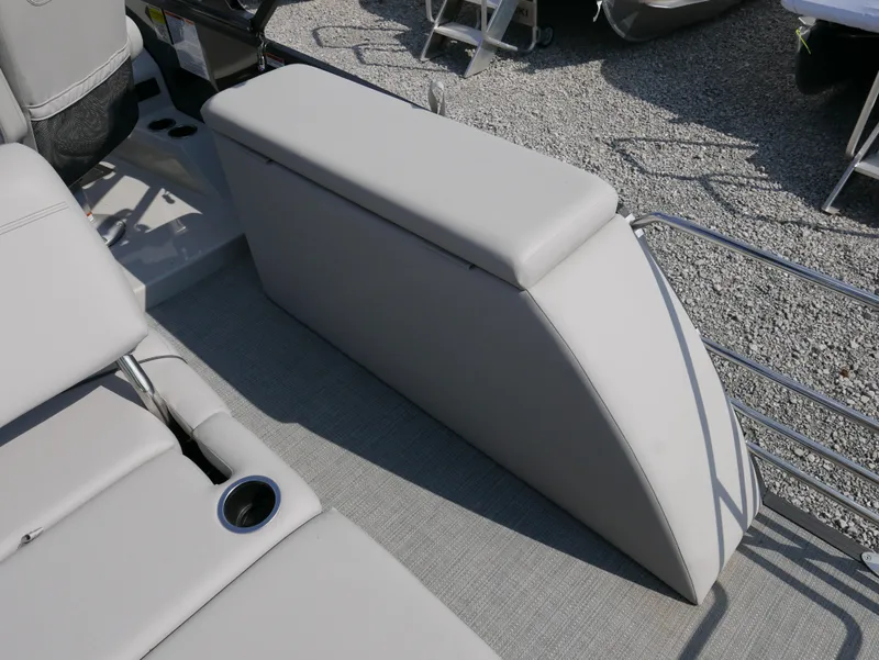 Slide: The Image of 2024 Starcraft SLS 3 Q DH boat seating with cup holder, gray upholstery. - 23