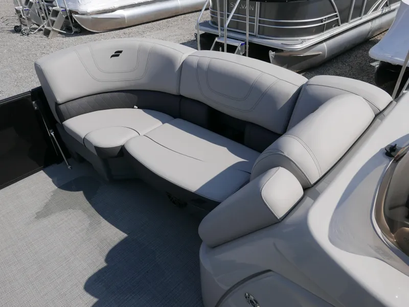 Slide: The Image of 2024 Starcraft SLS 3 Q DH boat seating, featuring luxurious gray upholstery. - 6